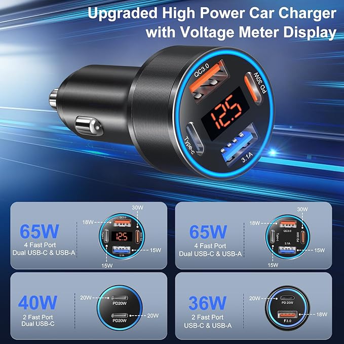USB C Car Charger, 4-Port 65W Dual 12V USB-A & USB-C Car Phone Charger
