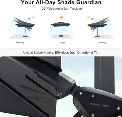 PURPLE LEAF 9.8' X 9.8' Tilting Patio Umbrella with Base Outdoor Cantilever Swivel Square Umbrella with Tilt Aluminum Offset Umbrella with 360-degree Rotation for Garden Deck Pool Patio Grey
