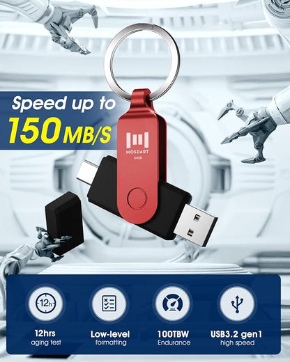 MOSDART 64GB USB3.1 Fast Speed C and A Dual Flash Drive, exFAT Memory Stick