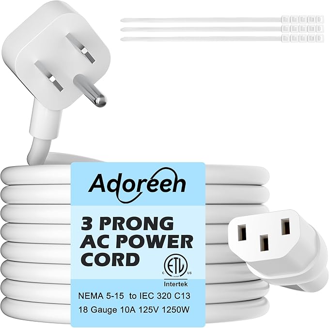 Adoreen 10 Ft Computer TV Replacement Power Cord White, Low Profile Flat Plug