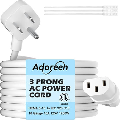 Adoreen 10 Ft Computer TV Replacement Power Cord White, Low Profile Flat Plug