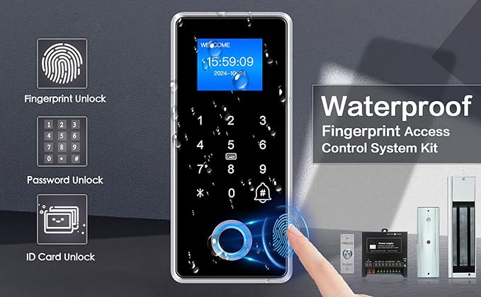 Waterproof Electric Magnetic Fingerprint Door Access Control Kit - 1200 lb