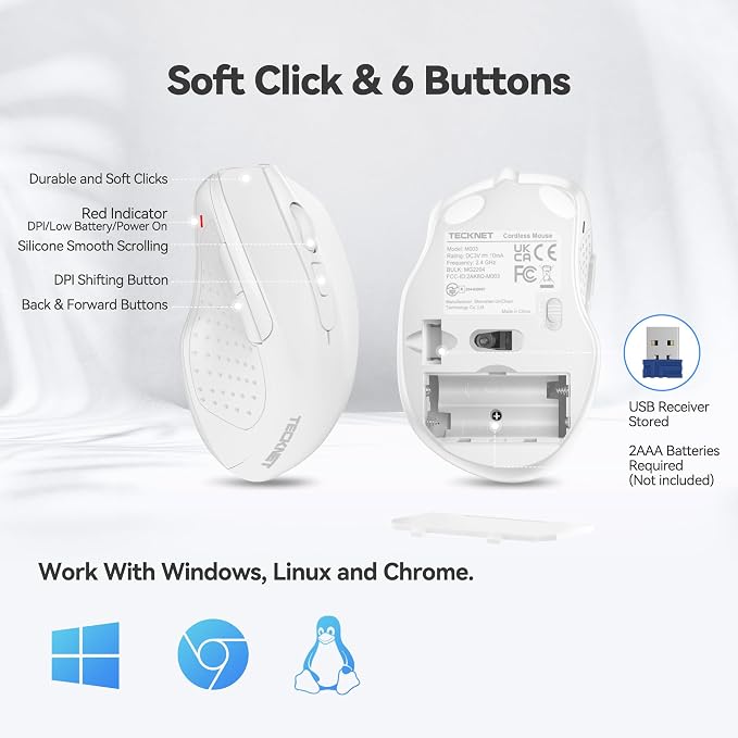 TECKNET Wireless Mouse, 2.4G Ergonomic Optical Mouse, Computer Mouse