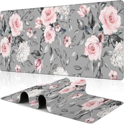 Pink Roses Desk Mat, Large Spring Blooming Flowers and Leaves Gaming Keyboard