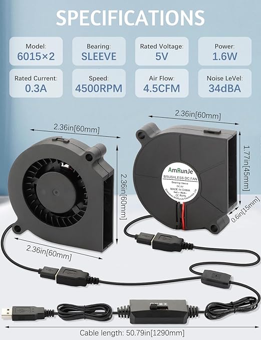 60mm x15mm 2 Pack Small USB Blower Fan 5V