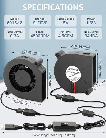 60mm x15mm 2 Pack Small USB Blower Fan 5V