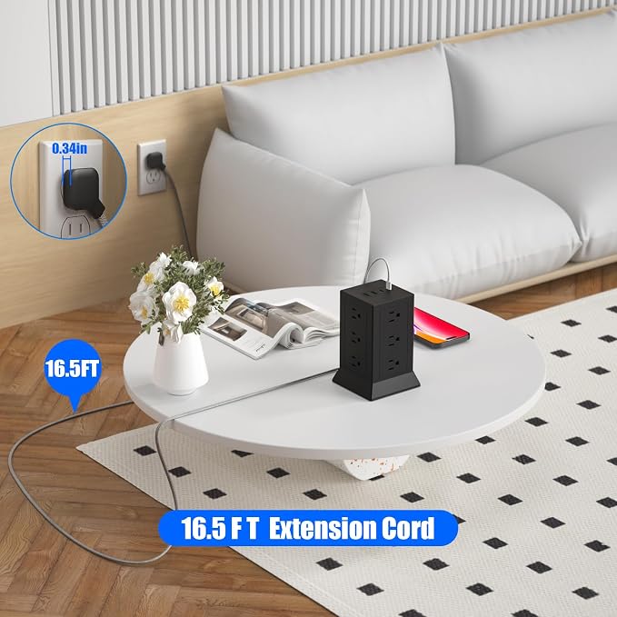 Power Strip Tower with Multiple Outlets 16.5 Ft Extension Cord Flat Plug with