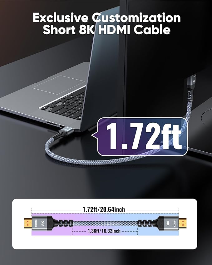 Highwings Short 8K HDMI Cable 1.72ft Total Length, 1.36ft Cable Length