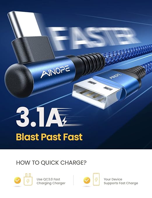 AINOPE USB C Cable 3.1A C Charger Cable Fast Charging Right Angle Nylon Braided