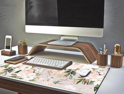 Pink Flowers Keyboard Pad PC Gaming Desk Mat Desk Mouse Pads Green Leaves