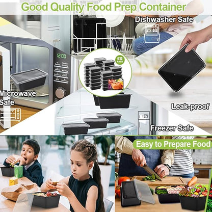50-Pack Meal Prep Containers, 26 OZ Microwavable Reusable Food Containers