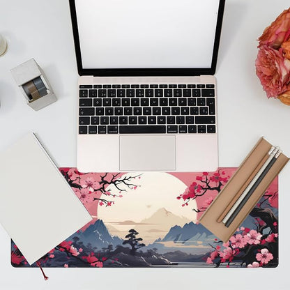 Pink Cherry Blossom Tree Desk Pad, Mountains and Sun Large Gaming Mouse Mat