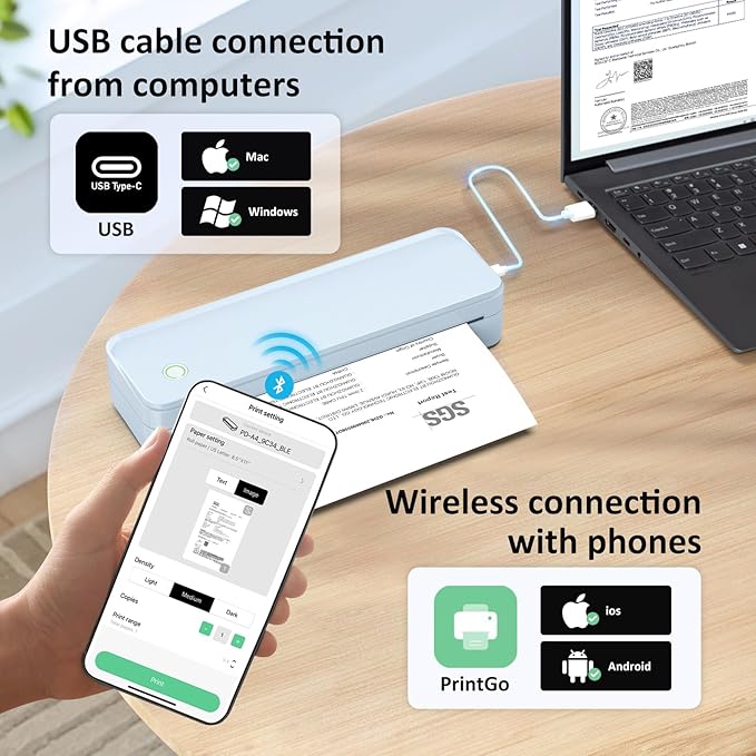 Inkless Portable Printer for Travel, Wireless Thermal Printer Supports 8.5" x