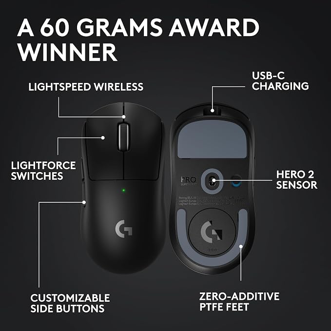 Logitech G PRO X SUPERLIGHT 2 Wireless Gaming Mouse, 60g Pro-Grade
