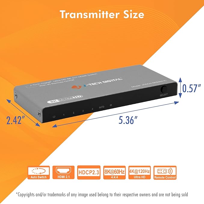 J-Tech Digital HDMI Switch 4K 120hz, 2.1 Switch 4 in 1 Out, 8K 60Hz 1080P 240Hz