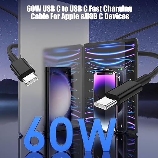 3-Pack Black 10FT 60W USB C to USB C Cable, Type C to Type C Cable, Fast