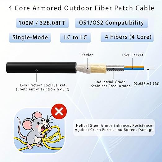 100M/328FT Outdoor Armored LC to LC Fiber Optic Cable, 4 Core OS2 Single Mode