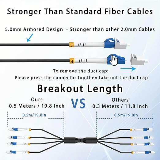 100M/328FT Outdoor Armored LC to LC Fiber Optic Cable, 4 Core OS2 Single Mode