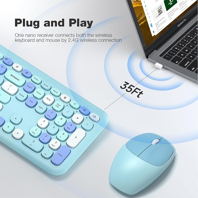 KNOWSQT Wireless Keyboard and Mouse Combo, Pale Blue Full-Sized 2.4G Silent