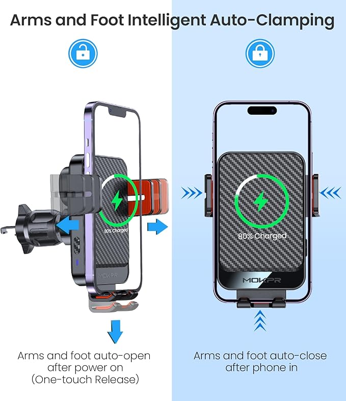Wireless Car Charger, MOKPR 15W Fast Charging Auto-Clamping Car Mount