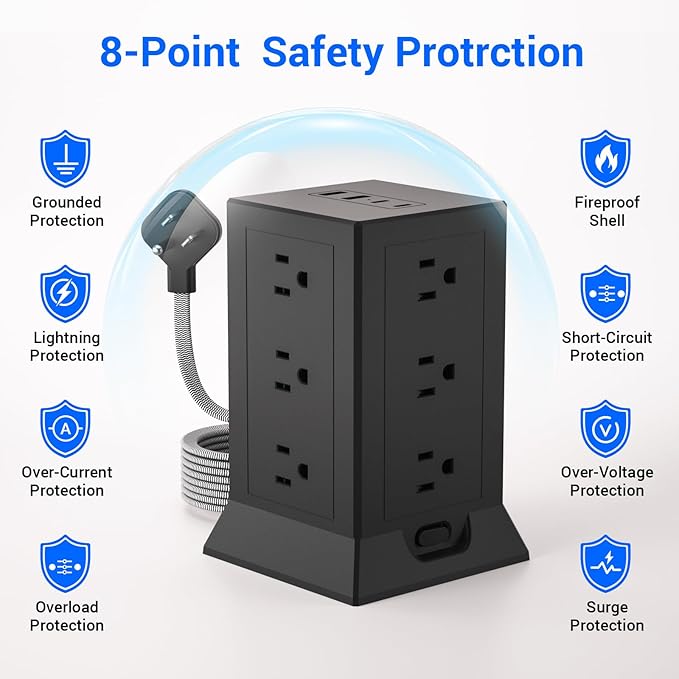 Power Strip Tower with Multiple Outlets, 10 Ft Extension Cord Flat Plug with 12
