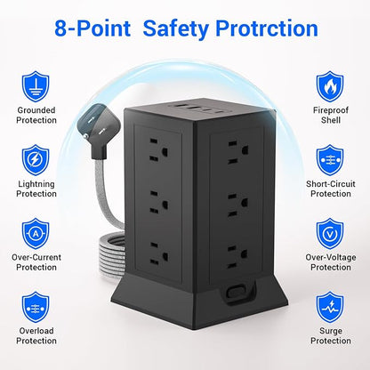 Power Strip Tower with Multiple Outlets, 10 Ft Extension Cord Flat Plug with 12