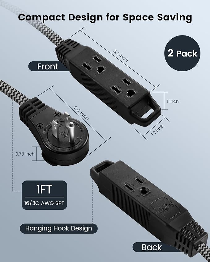 SURAIELEC 1FT 360° Rotating Flat Plug Extension Cord Flat Wall Plug