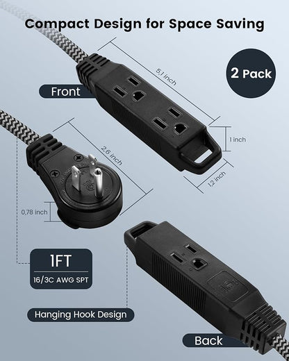 SURAIELEC 1FT 360° Rotating Flat Plug Extension Cord Flat Wall Plug