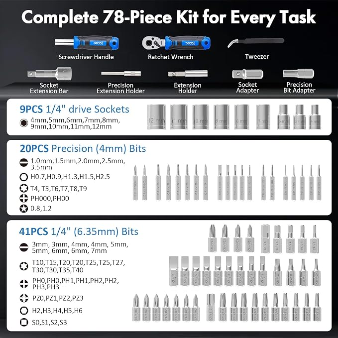 XOOL 78PCS Ratchet Screwdriver Set, Precision Bits, 1/4" Sockets, Magnetic Tools