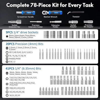 XOOL 78PCS Ratchet Screwdriver Set, Precision Bits, 1/4" Sockets, Magnetic Tools