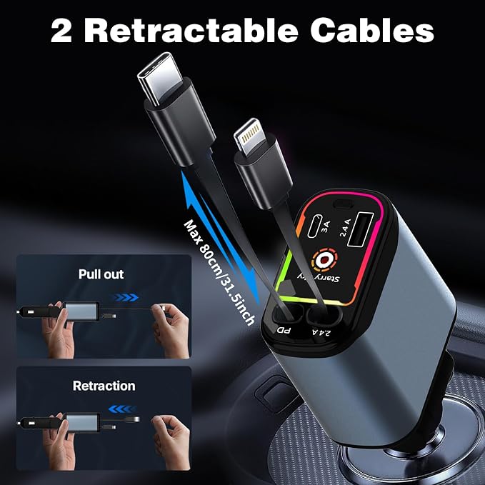 Starlight Retractable Car Charger, 66W Fast Car Chargers Adapter 4 in 1
