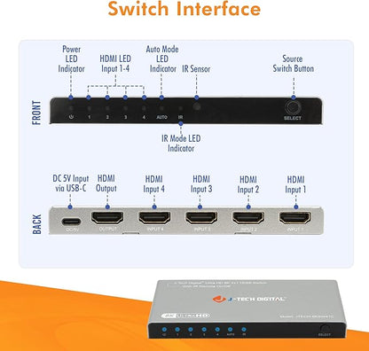 J-Tech Digital HDMI Switch 4K 120hz, 2.1 Switch 4 in 1 Out, 8K 60Hz 1080P 240Hz