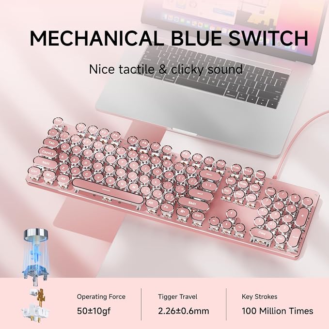 EWEADN TK100 Typewriter Keyboard Wired Mechanical Keyboard, 104 Keys Aesthetic