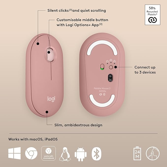 Logitech Pebble Mouse 2 M350s Slim Bluetooth Wireless Mouse, Lightweight