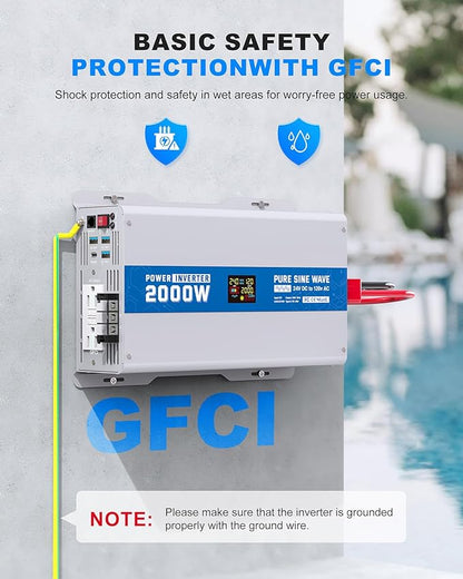2000W Pure Sine Wave Power Inverter 24V DC to 120V AC Converter 4000 Watt Peak