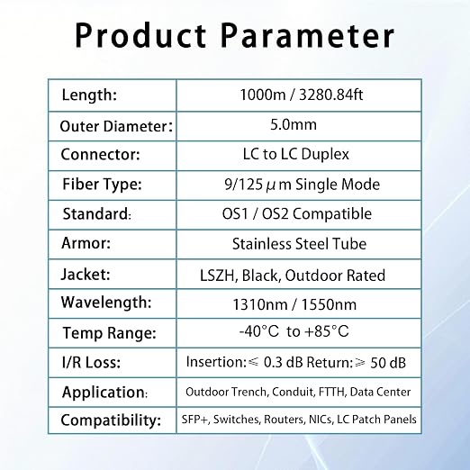 1000M/3281FT LC to LC Armored Outdoor Fiber Optic Cable, Single Mode Duplex