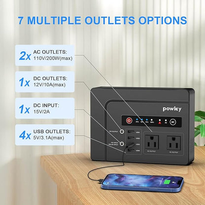 Powkey Portable Power Station 200W, 146Wh Portable Solar Generator Battery Pack