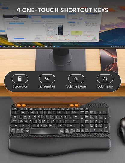Wireless Keyboard and Mouse Combo, Ergonomic Wave Keys, Cushioned Plam Rest