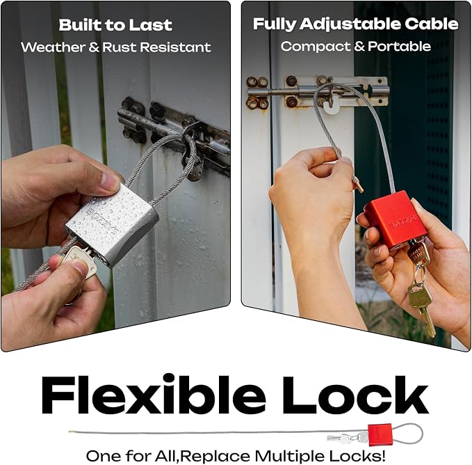 Cable Padlock with 3 Keys | L 1.15ft, D 1/6in Adjustable Steel Cable Lock |