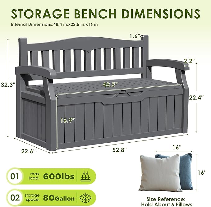 Greesum 80 Gallon Outdoor Storage Bench, Resin Patio Furniture with Armrest,Waterproof and UV-Resistant, Perfect to Garden, Poolside and Lawn, Dark Grey