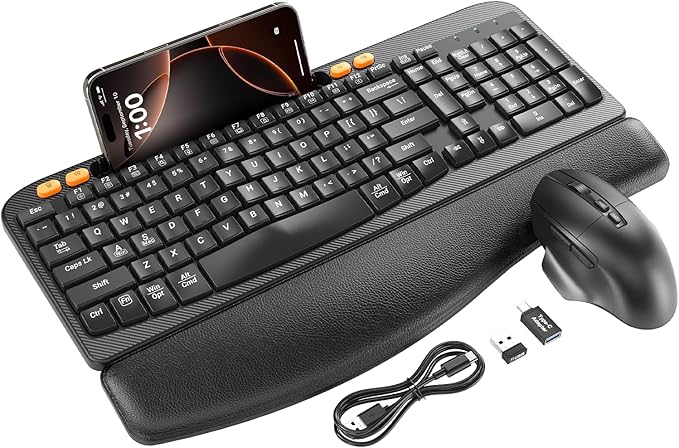 Wireless Keyboard and Mouse Combo, Ergonomic Wave Keys, Cushioned Plam Rest