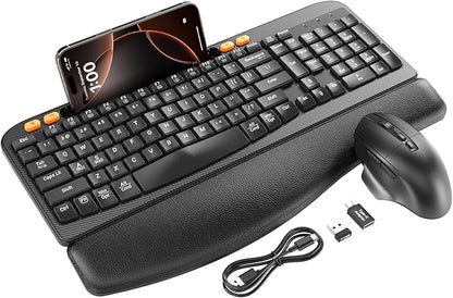 Wireless Keyboard and Mouse Combo, Ergonomic Wave Keys, Cushioned Plam Rest