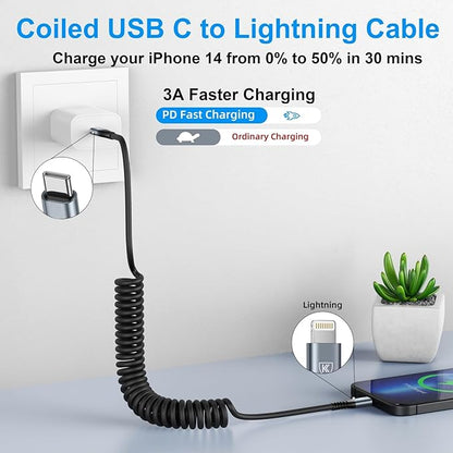 KIYODA USB Type C to Lightning Cable 3FT 2Pack, Coiled iPhone Charger Fast