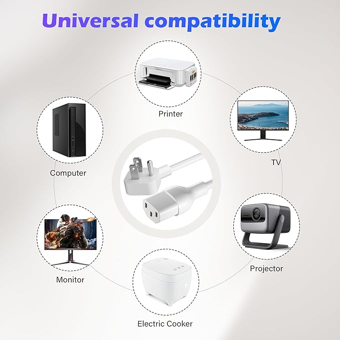 Adoreen 20 Ft Computer TV Replacement Power Cord White, Low Profile Flat Plug