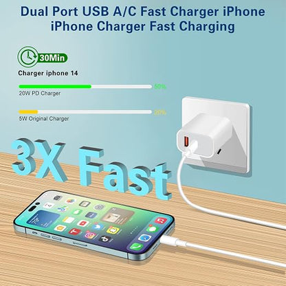 Fast Charger iPhone, Dual Port A/C Charging Adapter, Apple Charger Block 10FT