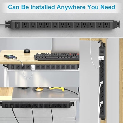 HHSOET 360° Rotating 12 Outlet Mountable Power Strip, Aluminum Alloy Power