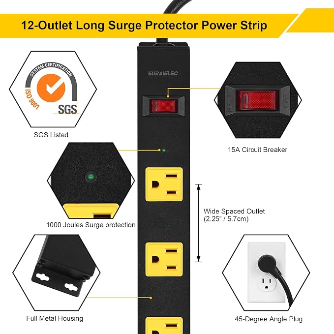 SURAIELEC 12 Outlet Long Metal Power Strip, 15FT Cord Surge Protector, Angled
