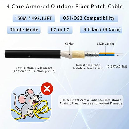 150M/492FT Outdoor Armored LC to LC Fiber Optic Cable, 4 Core OS2 Single Mode