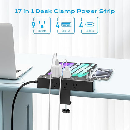 Flat Plug Desk Clamp Power Strip 10FT, 40W Total Fast Charging Station