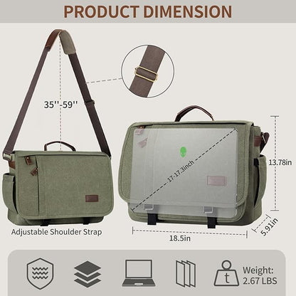 ESTARER Men's Messenger Bag 17.3 Inch, Water-resistant Canvas Laptop Bag